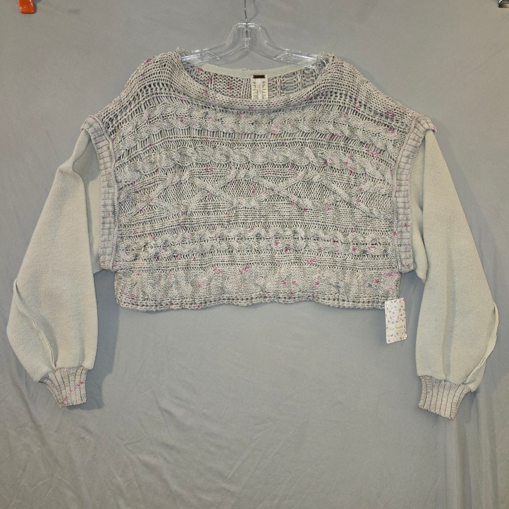 Free People Cropped Sweater Small Womens Grey Confetti Cable Knit Mixed Media